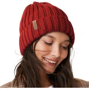 Women’s Wine Red Winter Fleece-Lined Chunky Knit Beanie Snow Hat Cap